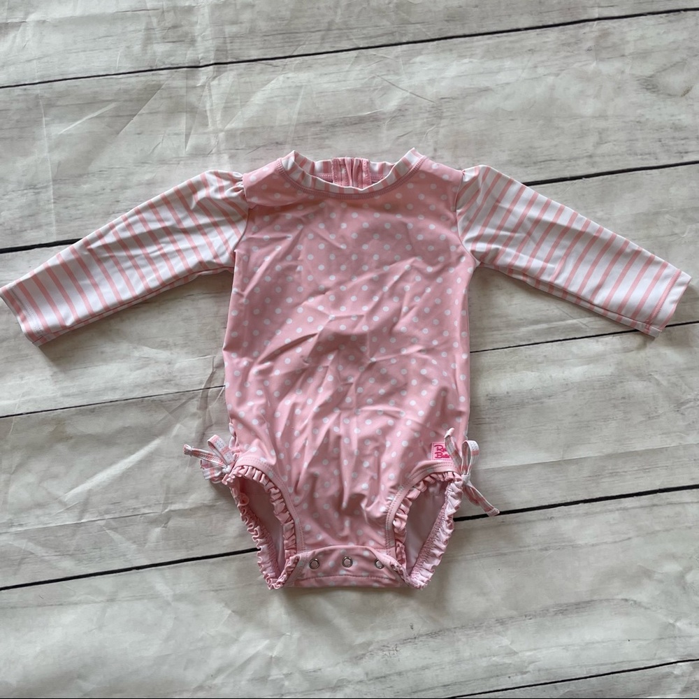 EUC RuffleButts pink white polka dot long sleeve swimsuit 12-18m
